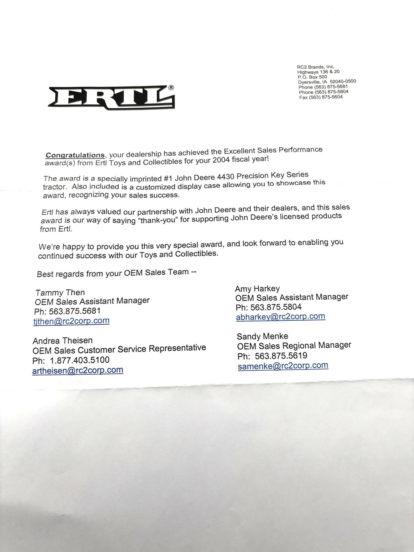 1/16 John Deere 4430 Precision Sales Award